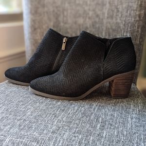 LUCKY BRAND Black Leather Suede Parnesa Ankle Bootie Wood Chunky Heel